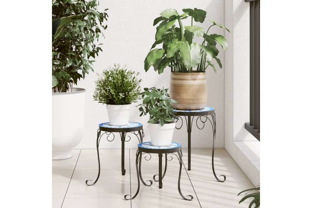 Plant Stands 3 Pcs Ceramic Mosaic – Mediterranean Style in Blue and White