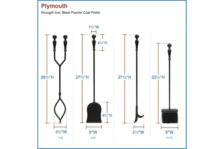 Plymouth Fireplace Tool Set – Cast & Wrought Iron, Black Powder-Coated in Rectangular Base Detailed Information