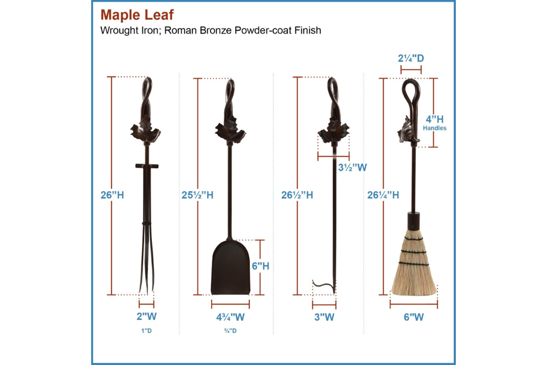 Maple Leaf Fireplace Tool Set – 35” Wrought Iron Tools with Decorative Stand in Roman Bronze Tools Detailed Information