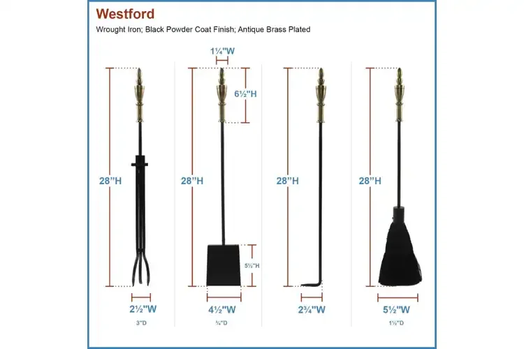 Westford Fireplace Tool Set in Black & Antique Brass Tool Set Details