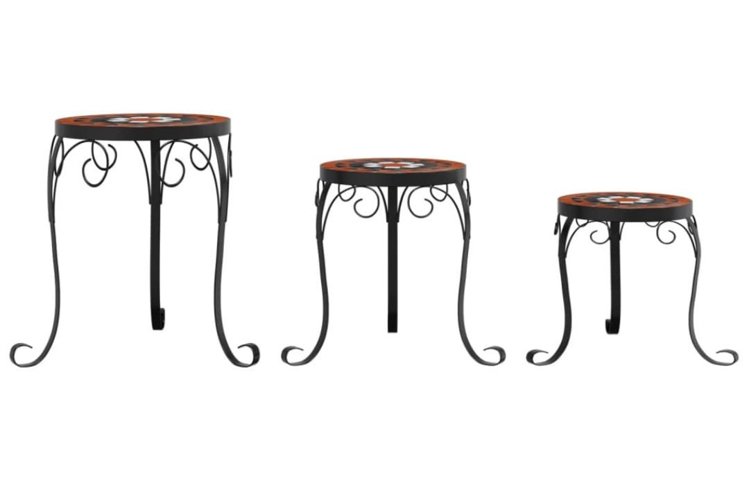 Set of Three Ceramic Mosaic Plant Stands in Different Sizes Displayed on a Patio with Potted Plants in Terracotta and White
