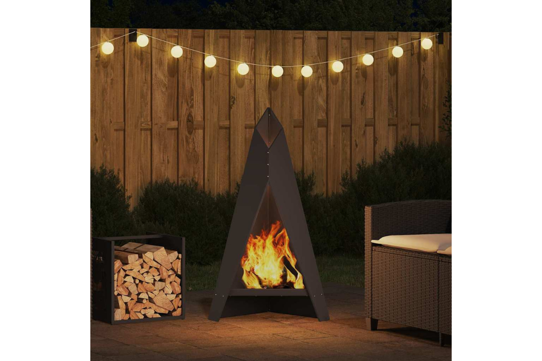 Fire Pit Pyramid 58 x 36 x 100 cm in Black Cold-Rolled Steel in Use at Night