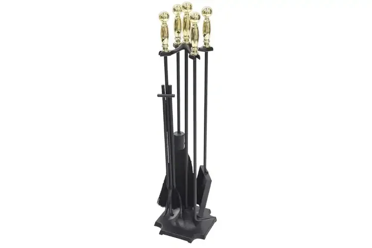 Carlisle Fireplace Tool Set in Black & Polished Brass Made of Wrought and Cast Iron and Zinc Handles