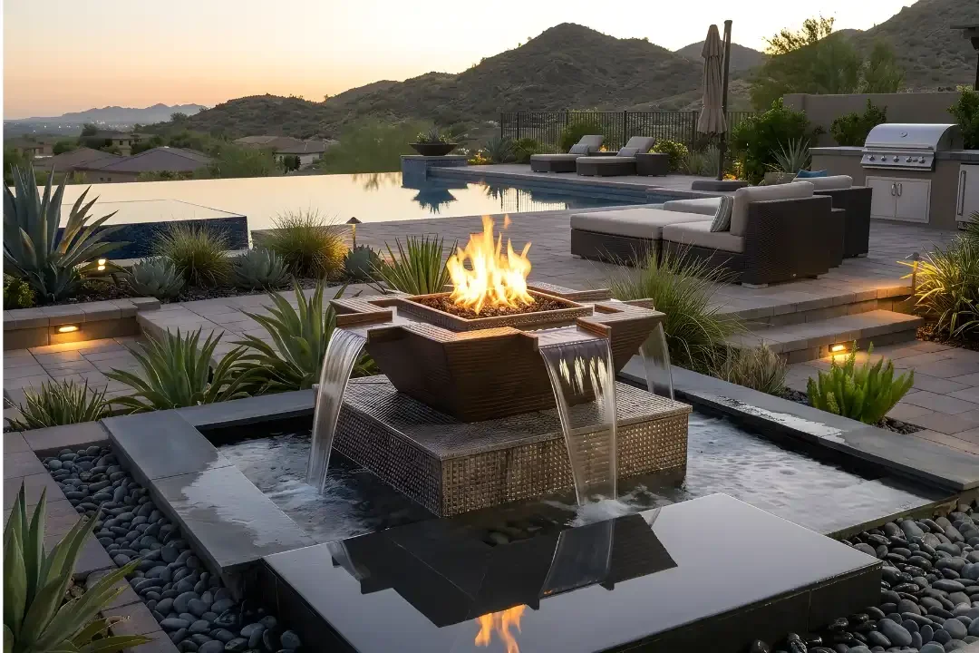 The Outdoor Plus 30" Maya Fire & Water Bowl – Copper 4-Way Spill