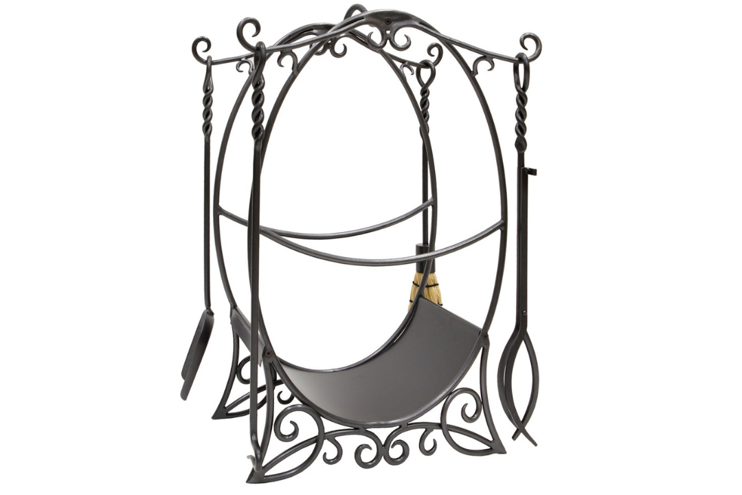 Cottage Wood Holder with Tools – Wrought Iron Hearth Organizer Set