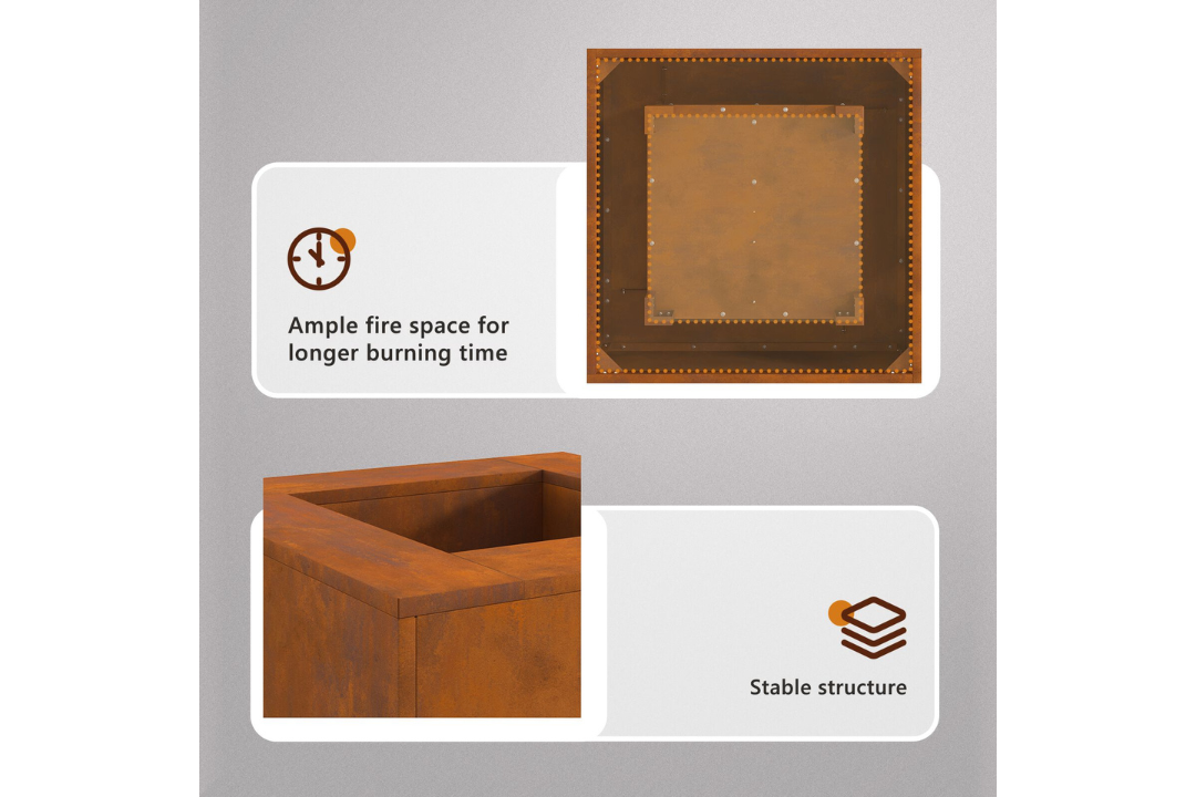 Square Fire Pit 60 x 60 x 30 cm in Rusty Brown Weathering Steel Features