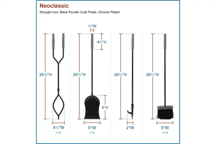 Neoclassic Fireplace Tool Set in Black & Polished Chrome Parts Information