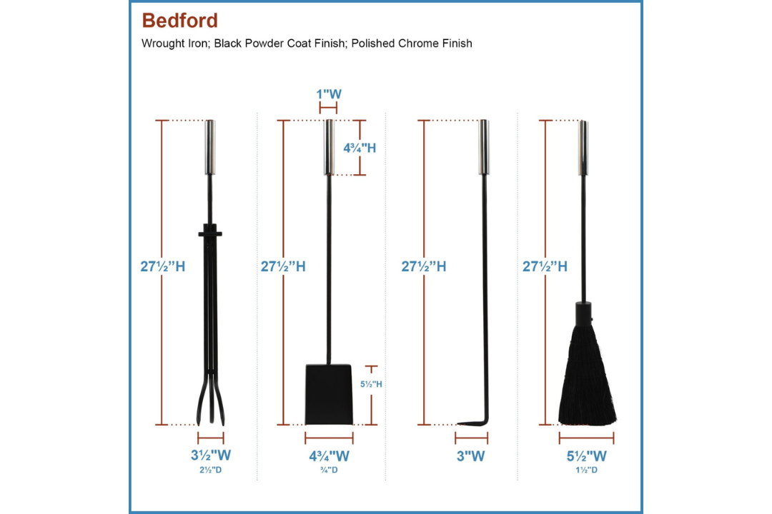 Bedford Fireplace Tool Set in Black and Polished Chrome Tool Set Details