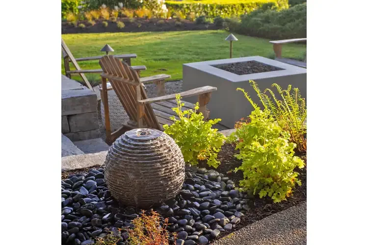 Small Ribbed Granite Sphere Fountain Kit – 16" Outdoor Water Feature With 36" Achelous Molded Fountain Basin