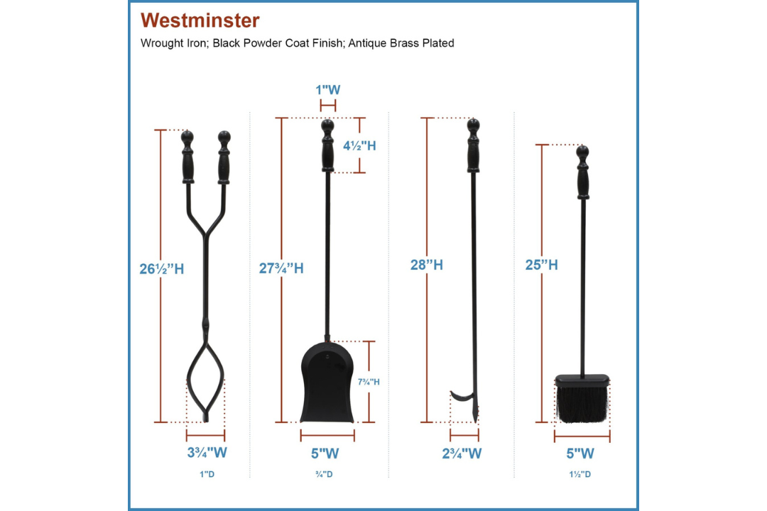 Westminster Fireplace Tool Set in All Black – Cast Iron 4-Piece Hearth Tool Kit Details