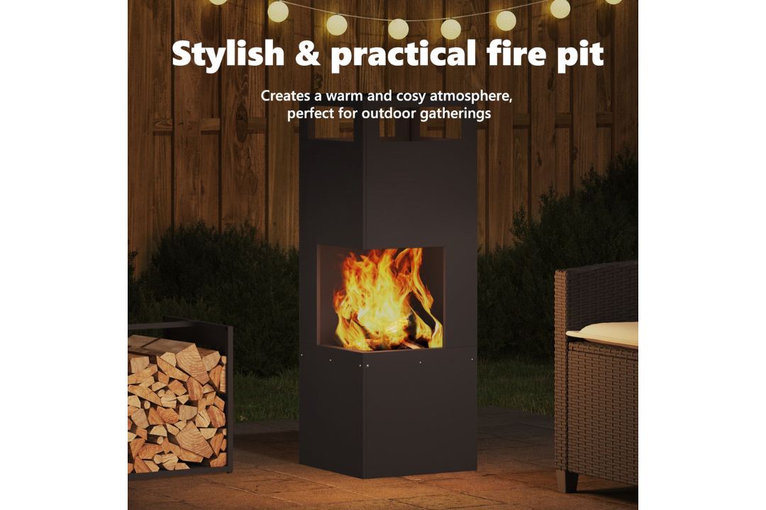 Stylish and Practical Square Steel Fire Pit 35 x 35 x 100 cm in Black Cold-Rolled Steel