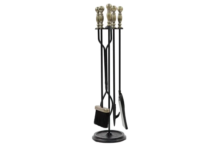 Sutton Fireplace Tool Set in Antique Brass and Black Powder Coated Finish Made of Wrought Iron