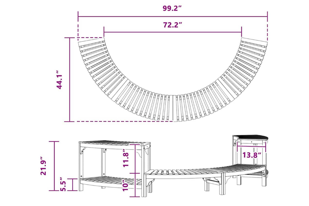 Hot Tub Surround Half-Round Solid Wood Acacia in 252 x 111.5 x 55.5 cm Specifications