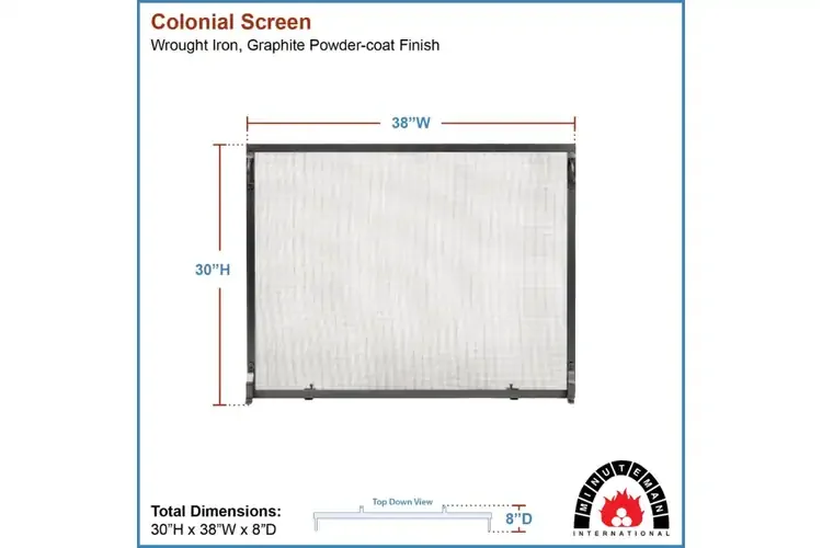 Colonial Flat Fireplace Screens – Wrought Iron, Graphite Finish in 38 x 30 Specifications