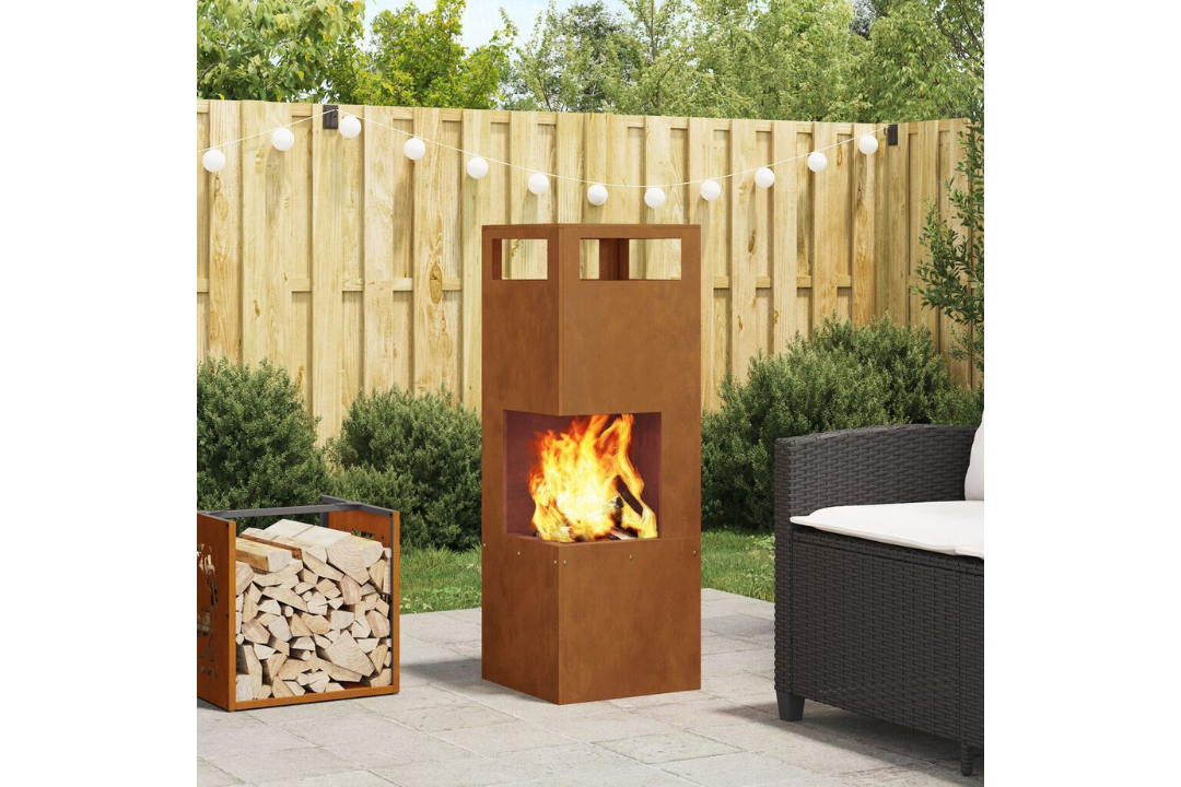 Square Steel Fire Pit 35 x 35 x 100 cm in Rusty Brown Weathering Steel