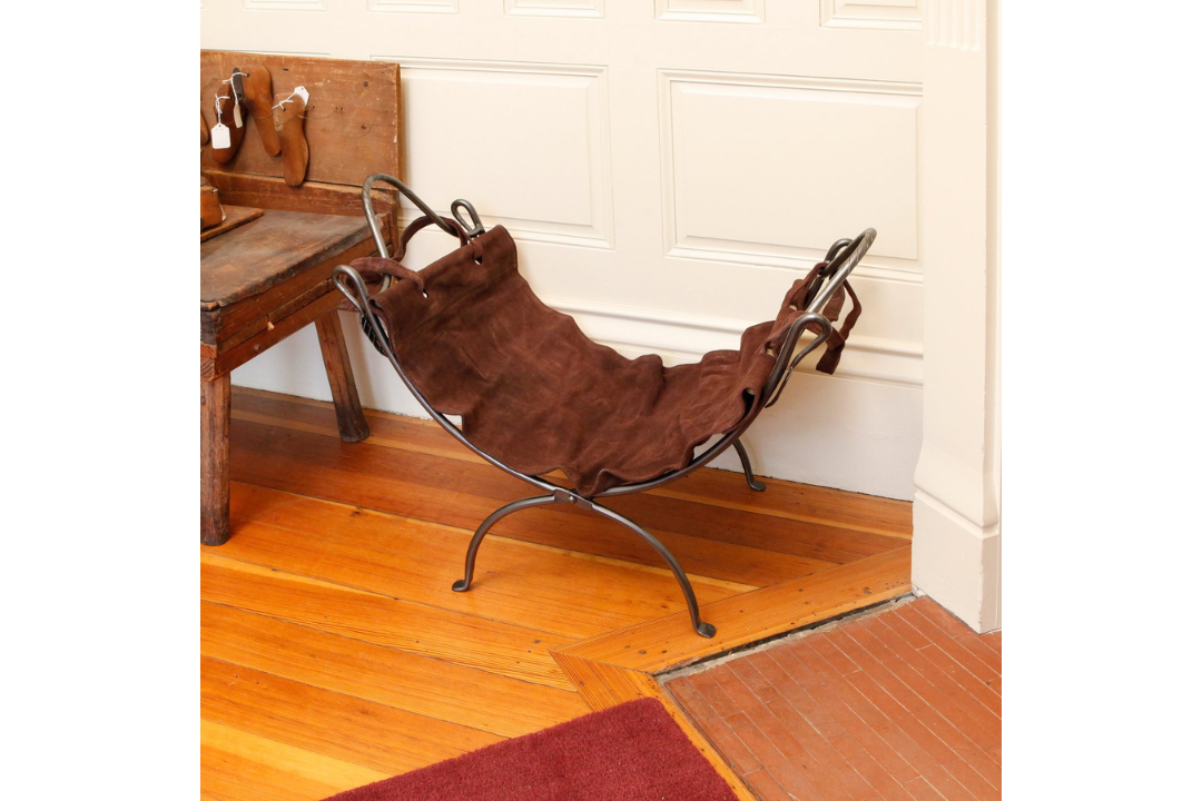 Folding Wrought Iron Log Holder with Suede Firewood Carrier – Leaf-End Design with Graphite Powder Coated Finish