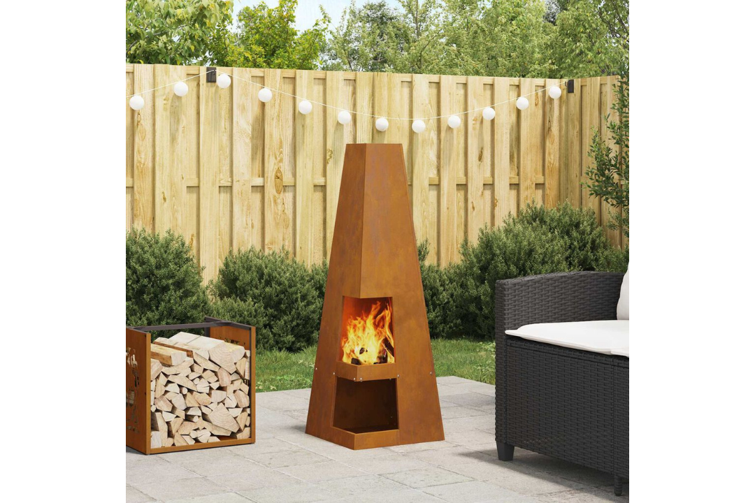 Fire Pit with Log Storage 35 x 35 x 100 cm in Rusty Brown Weathering Steel