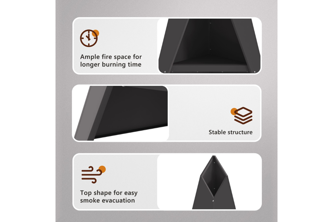 Fire Pit Pyramid 58 x 36 x 100 cm in Black Cold-Rolled Steel Features