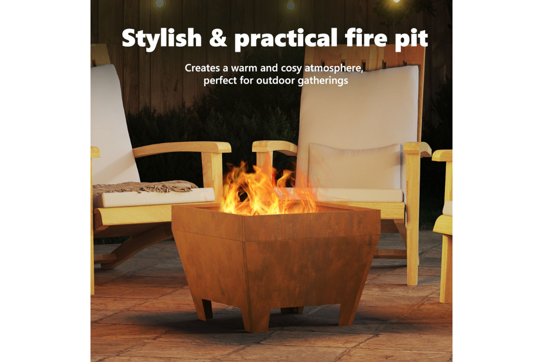 Stylish and Practical Square Fire Pit 50 x 50 x 38 cm in Rusty Brown Weathering Steel