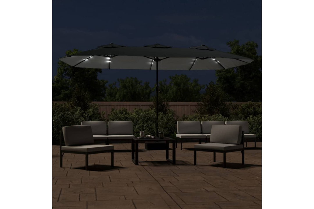Double-Head Garden Parasol with LEDs in Use at Night Time 449x265 cm in Anthracite