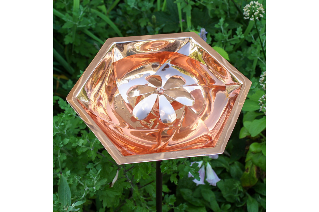Bee Birdbath & Garden Stake Copper Plated Stainless Steel Bowl