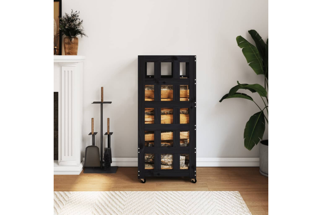 Log Holder with Wheels 40x49x110 cm Made of Solid Pine Wood Firewood Rack in Black