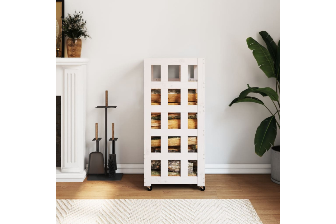 Log Holder with Wheels 40x49x110 cm Made of Solid Pine Wood Firewood Rack in White