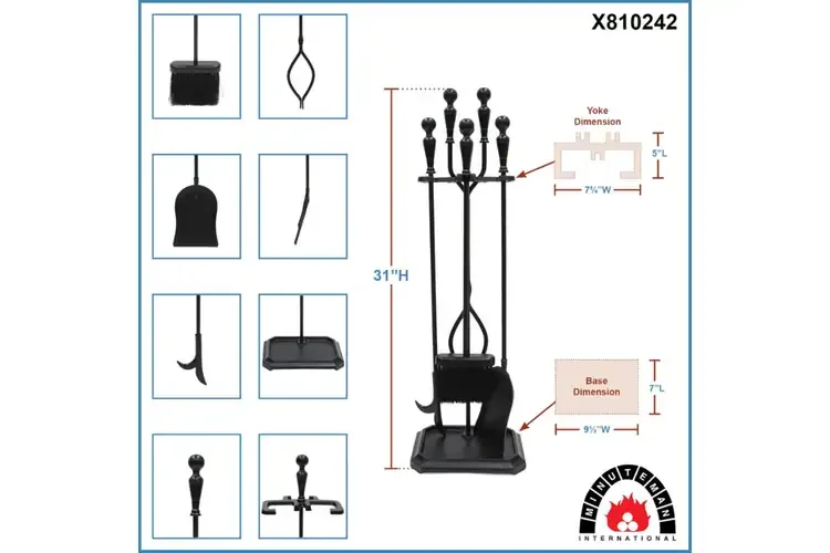 Plymouth Fireplace Tool Set – Cast & Wrought Iron, Black Powder-Coated in Rectangular Base Specifications