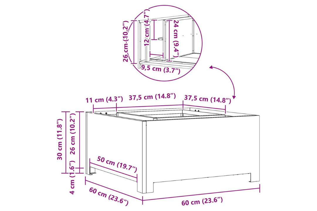 Fire Pit Square 60 x 60 x 30 cm in Black Cold-Rolled Steel Specifications