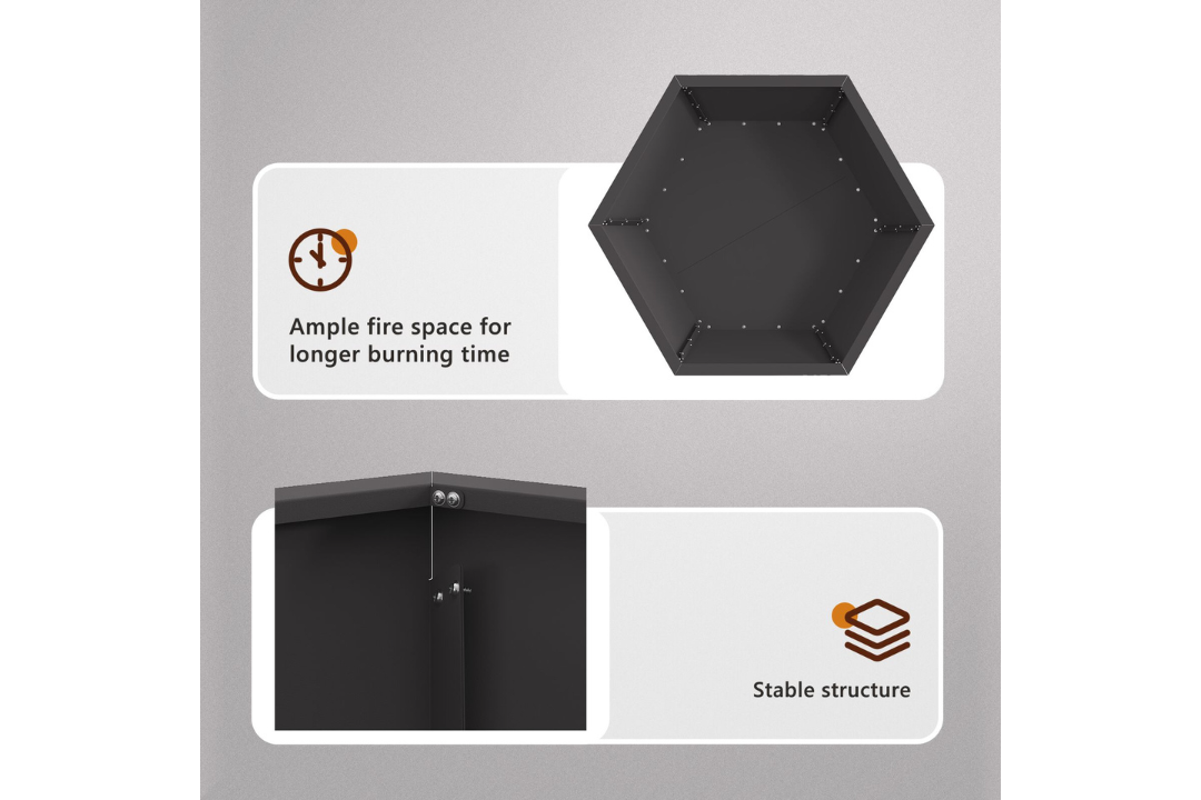 Fire Pit Hexagonal Black Cold-Rolled Steel – Outdoor Wood Burning in 100 x 100 x 28 cm Details
