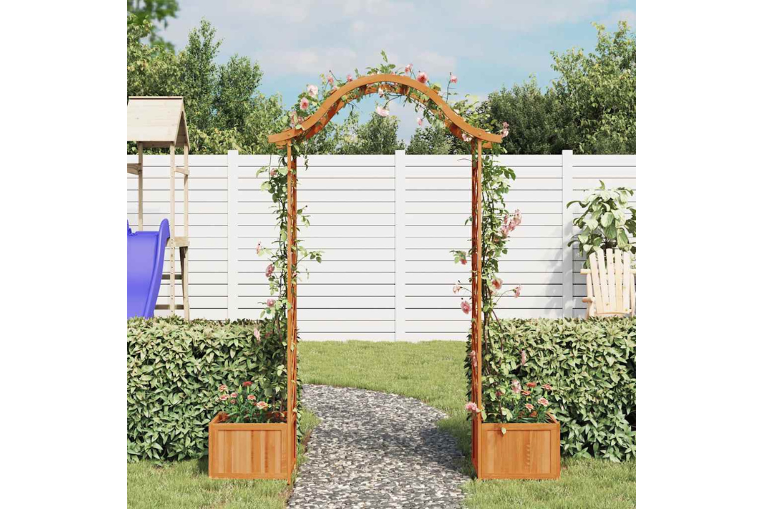 Garden Pergola with Planter – Solid Firwood Wooden Arch with Decorative Inlays in Brown