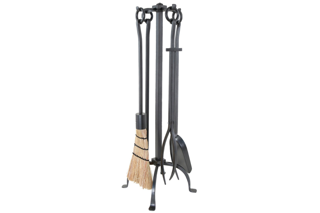 English Country Fireplace Tool Set in Graphite Made of Wrought Iron