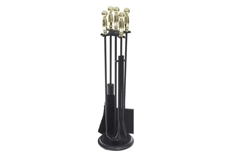 Chelmsford Fireplace Tool Set in Black & Polished Brass Made of Wrought and Cast Iron