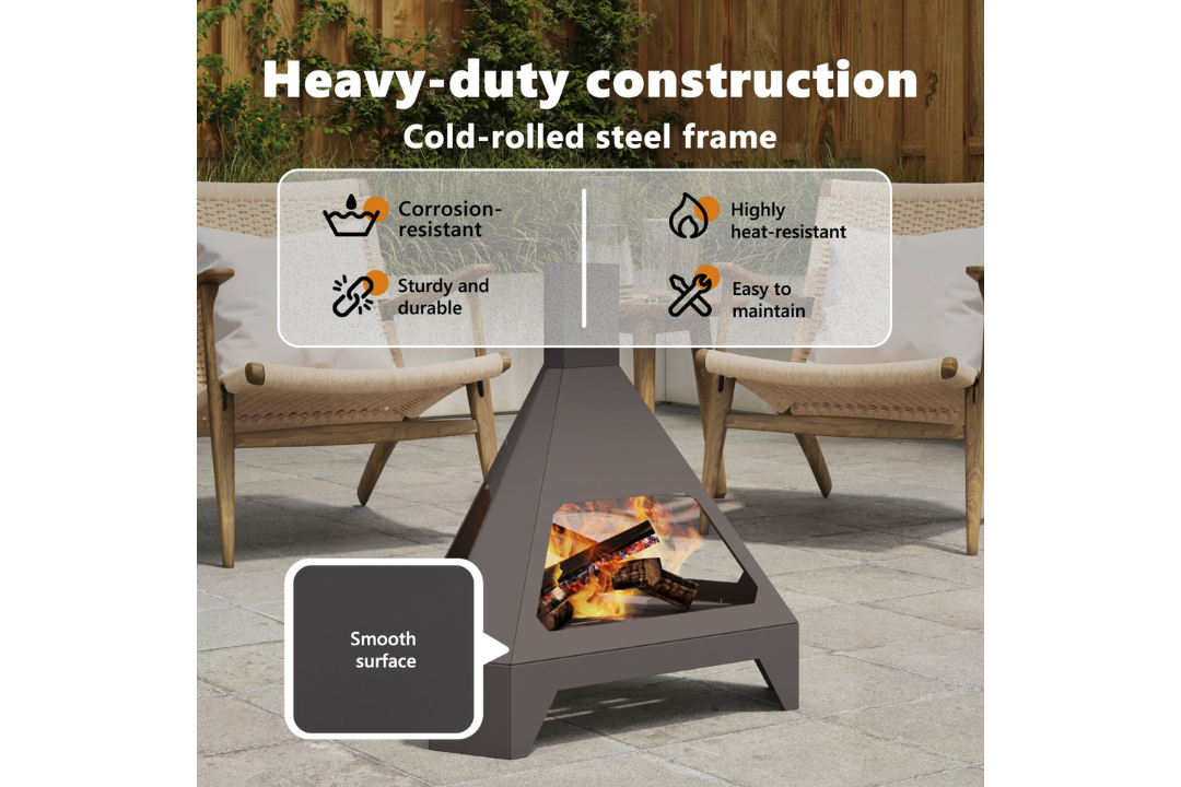 Heavy-Duty Fire Pit with Chimney 50 x 43 x 52 cm in Matte Black Cold-Rolled Steel