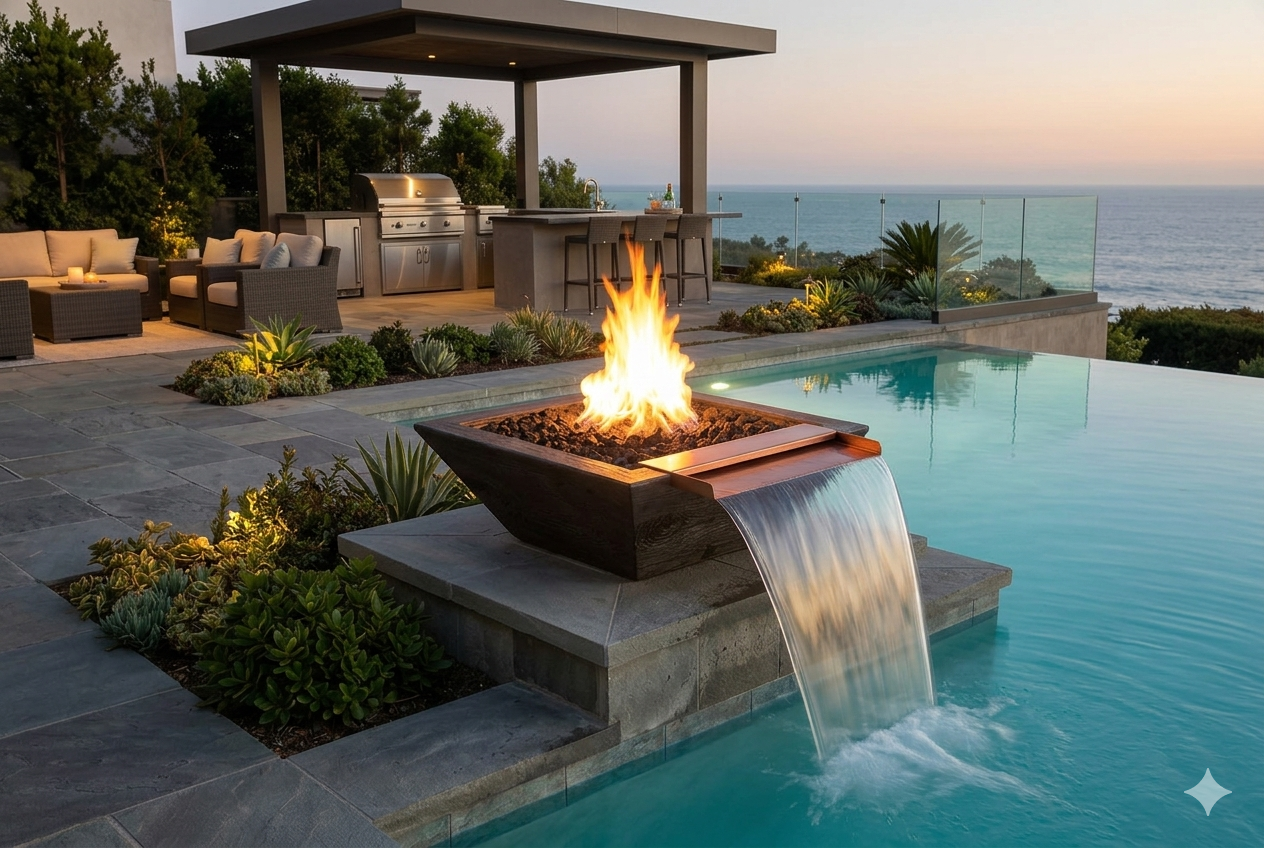 The Outdoor Plus 24" Maya Fire & Water Bowl – Wide Spill, Wood Grain Concrete