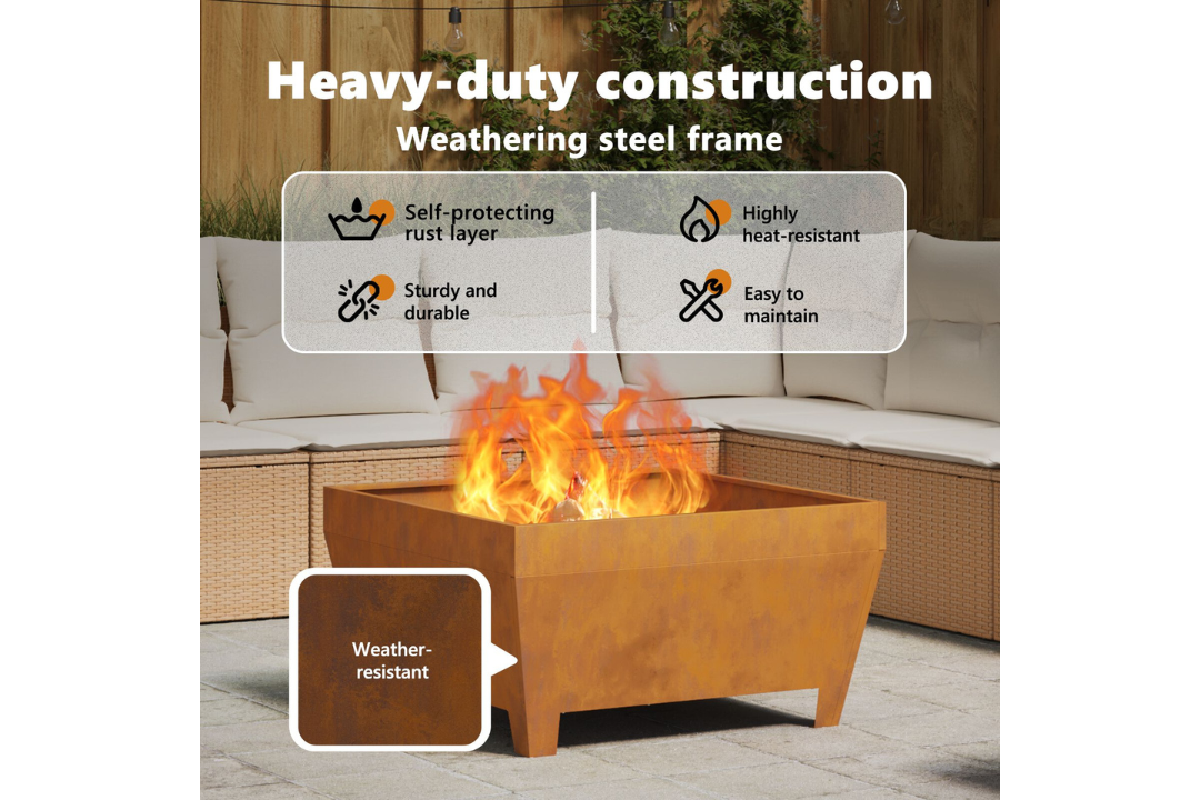 Heavy-Duty Fire Pit Square 80 x 80 x 43 cm Steel in Rusty Brown Weathering Steel