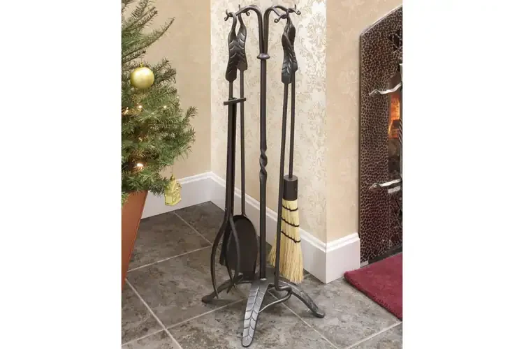 Large Leaf Fireplace Tool Set Made of Wrought Iron