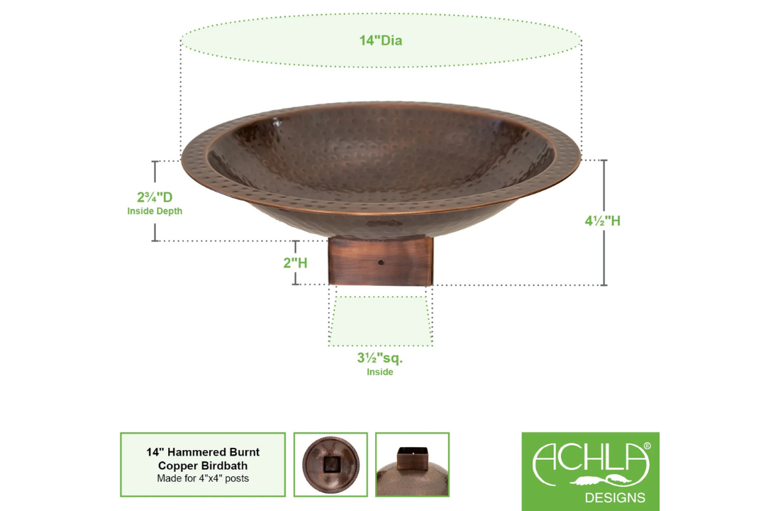 14" Hammered Burnt Copper Birdbath for 4x4 Posts Specifications