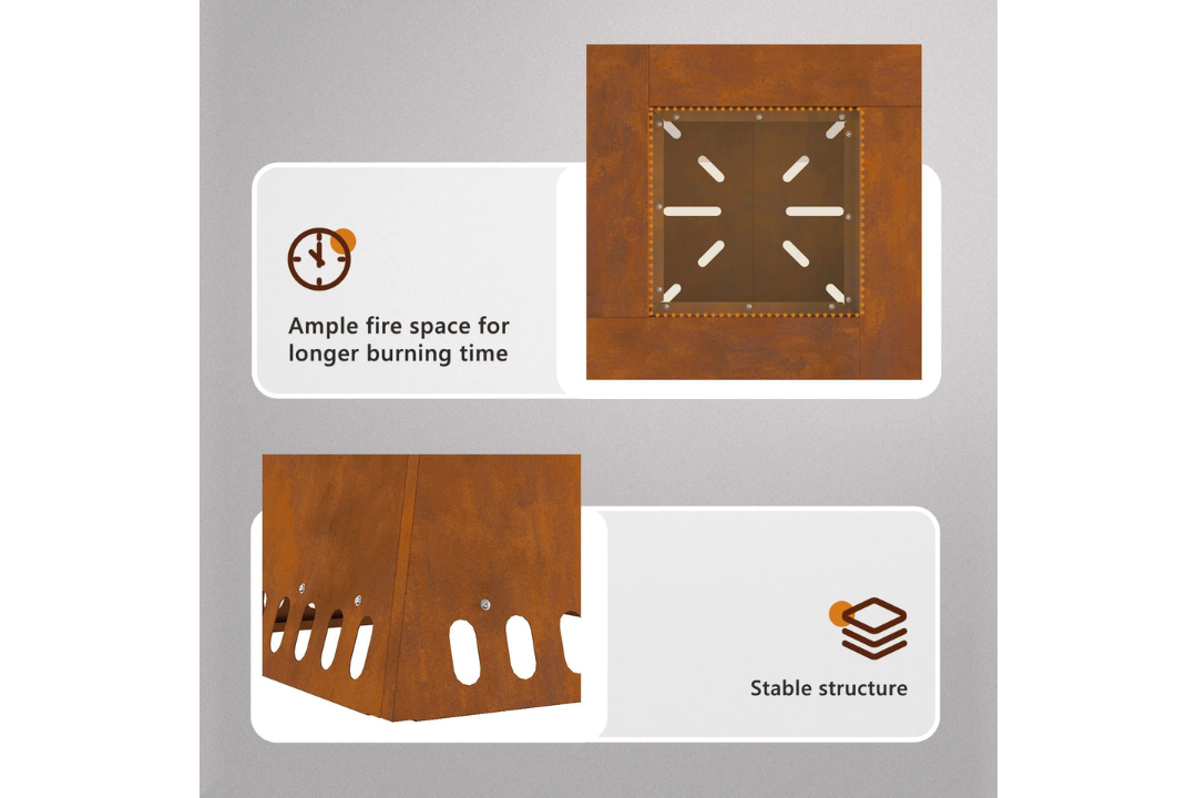 Modern Square Wood-Burning Fire Pit 48x48x40 cm in Brown Features