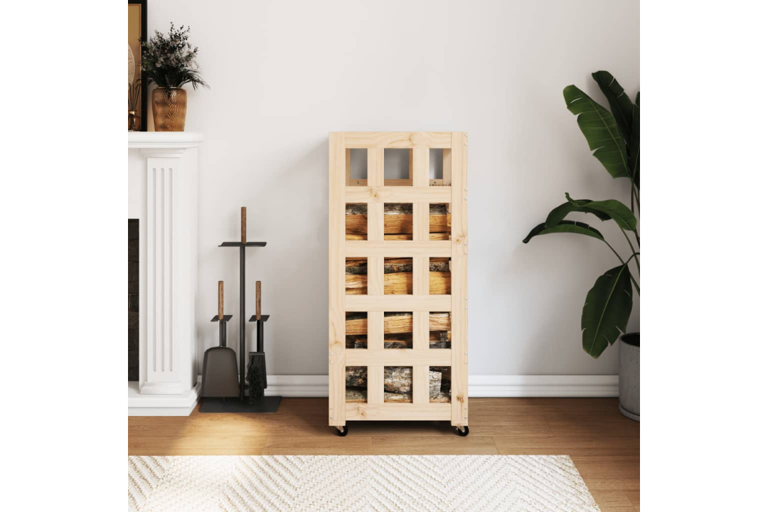 Log Holder with Wheels 40x49x110 cm Made of Solid Pine Wood Firewood Rack in Natural