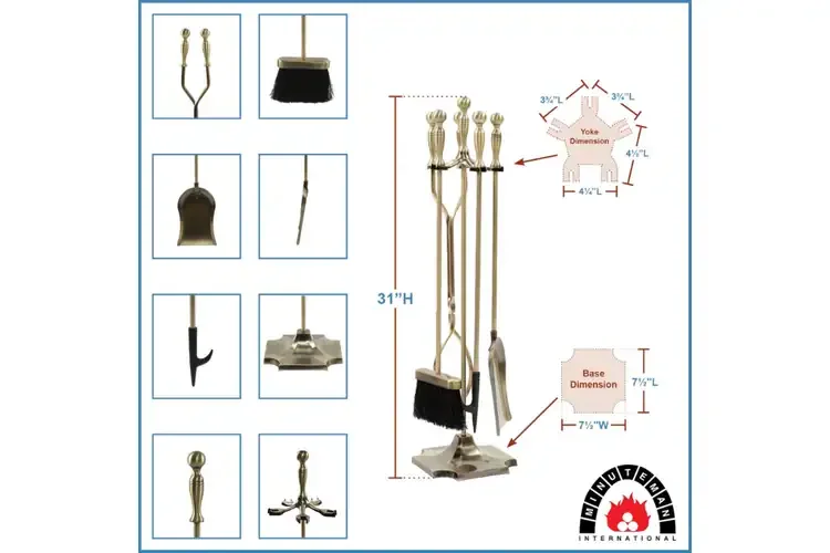 Concord Fireplace Tool Set – Antique Brass Finish, Cast & Wrought Iron Specifications