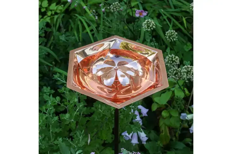 Bee Birdbath & Garden Stake Copper Plated Stainless Steel Bowl