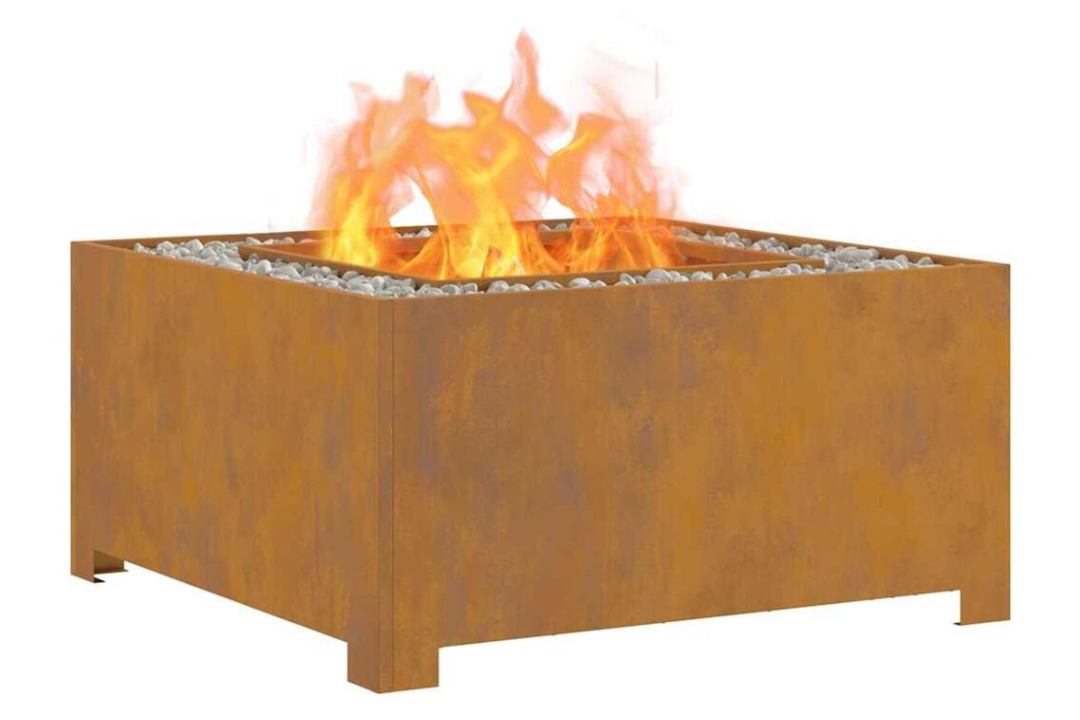 Sleek Fire Pit Square 80 x 80 x 40 cm in Rusty Brown Weathering Steel