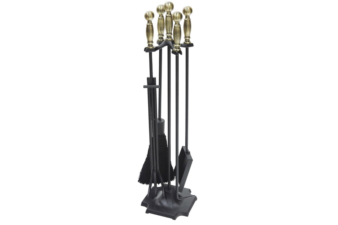 Carlisle Fireplace Tool Set in Black & Antique Brass Made of Wrought and Cast Iron and Zinc Handles