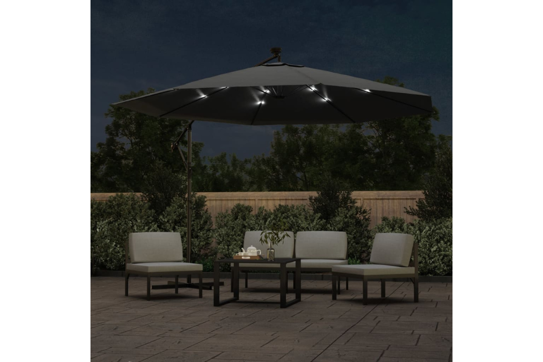 Cantilever Garden Parasol with LED Lights and Metal Pole 350 cm in Anthracite at Night