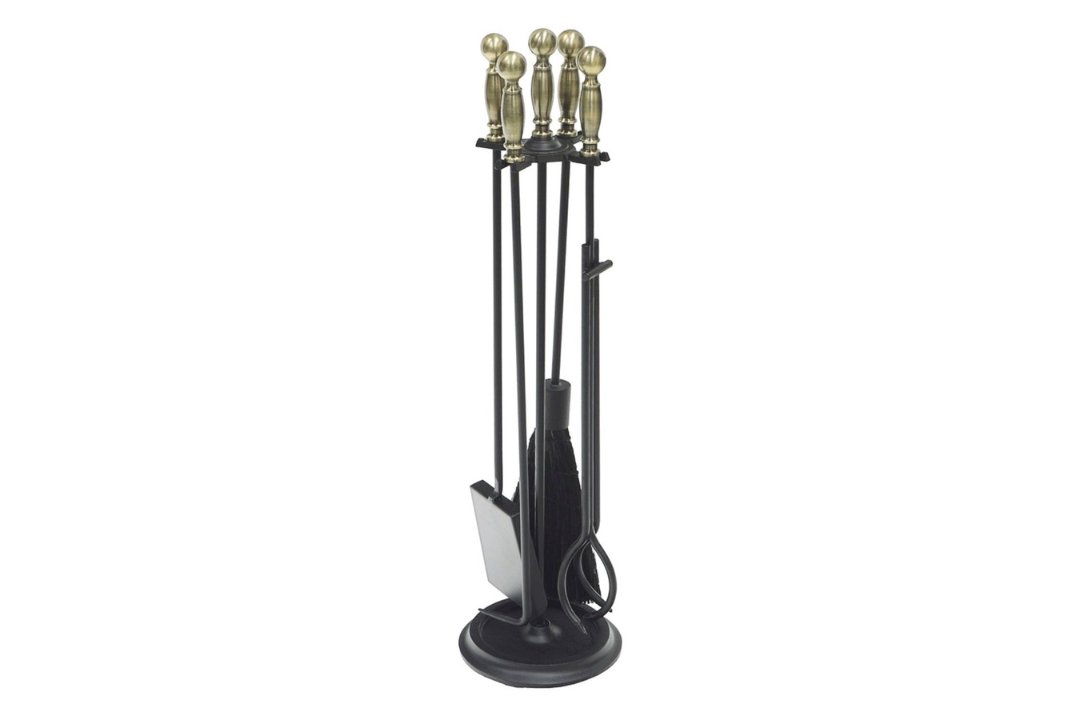 Chelmsford Fireplace Tool Set in Black & Antique Brass Made of Wrought and Cast Iron