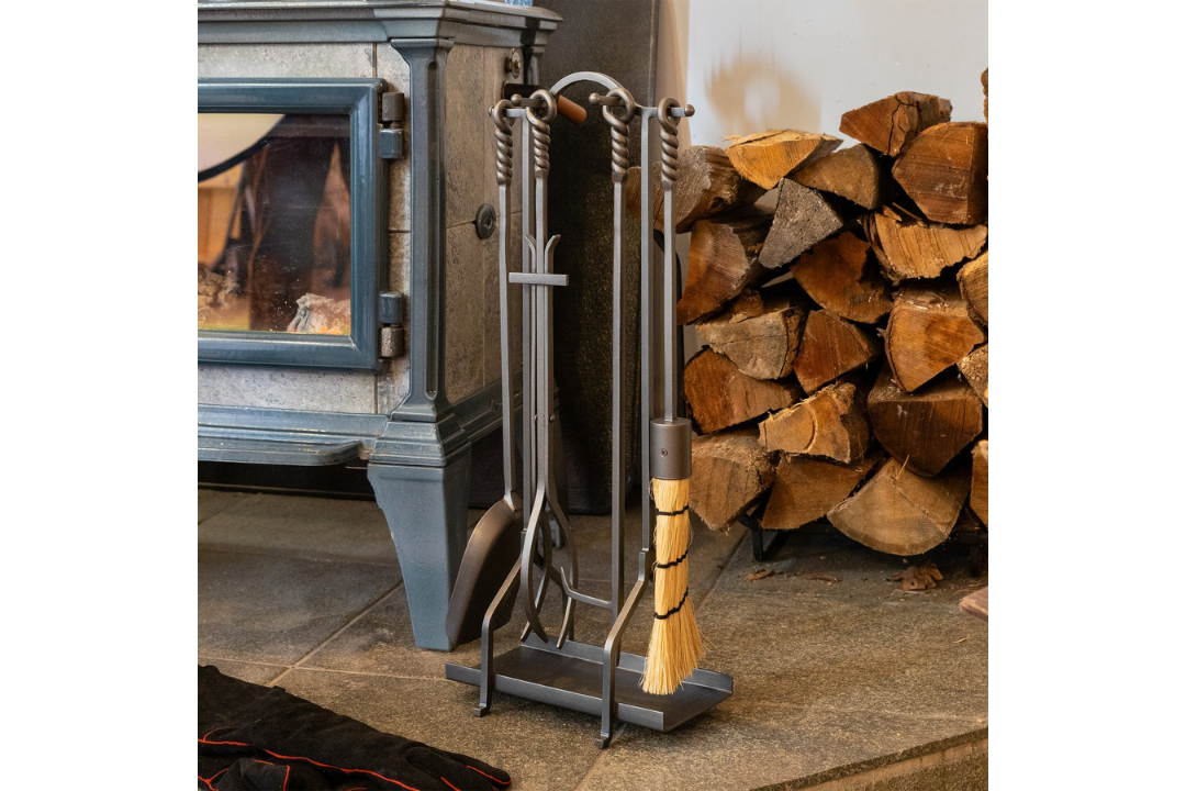 Salem Inline Fireplace Tool Set with Ash Pan and Twisted Rope Handles