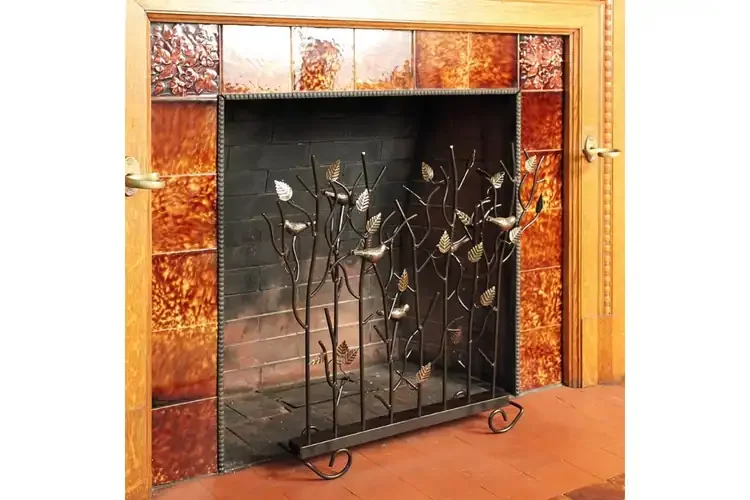 Birds Fireplace Summer Screen – Wrought Iron with Golden Bird Accents