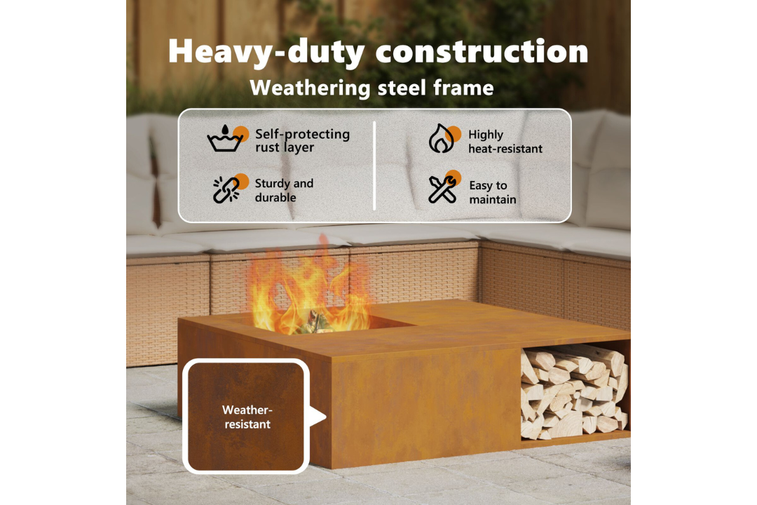 Heavy-Duty Fire Pit with Log Storage 100 x 100 x 30 cm in Rusty Brown Weathering Steel