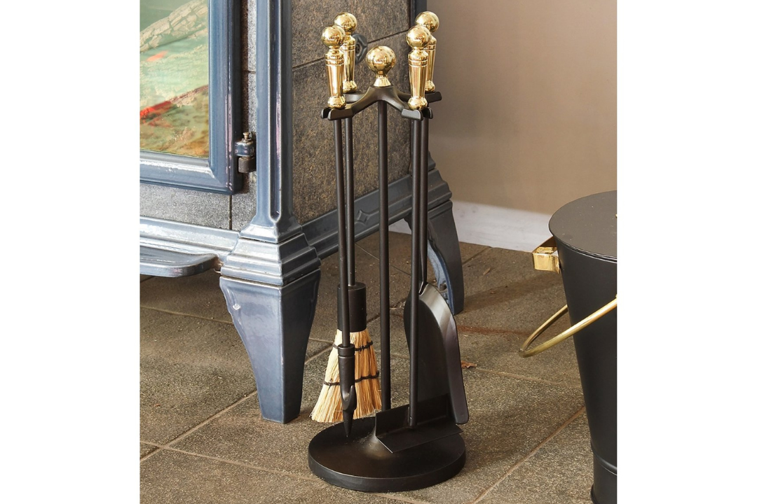 Paxton 4-Piece Mini Fireplace Tool Set in Black and Polished Brass – Cast Iron with Decorative Handles